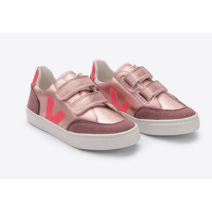 Veja Little Girls V-12 Velcro Chromefree Sneakers in Nacre Rose Fluo